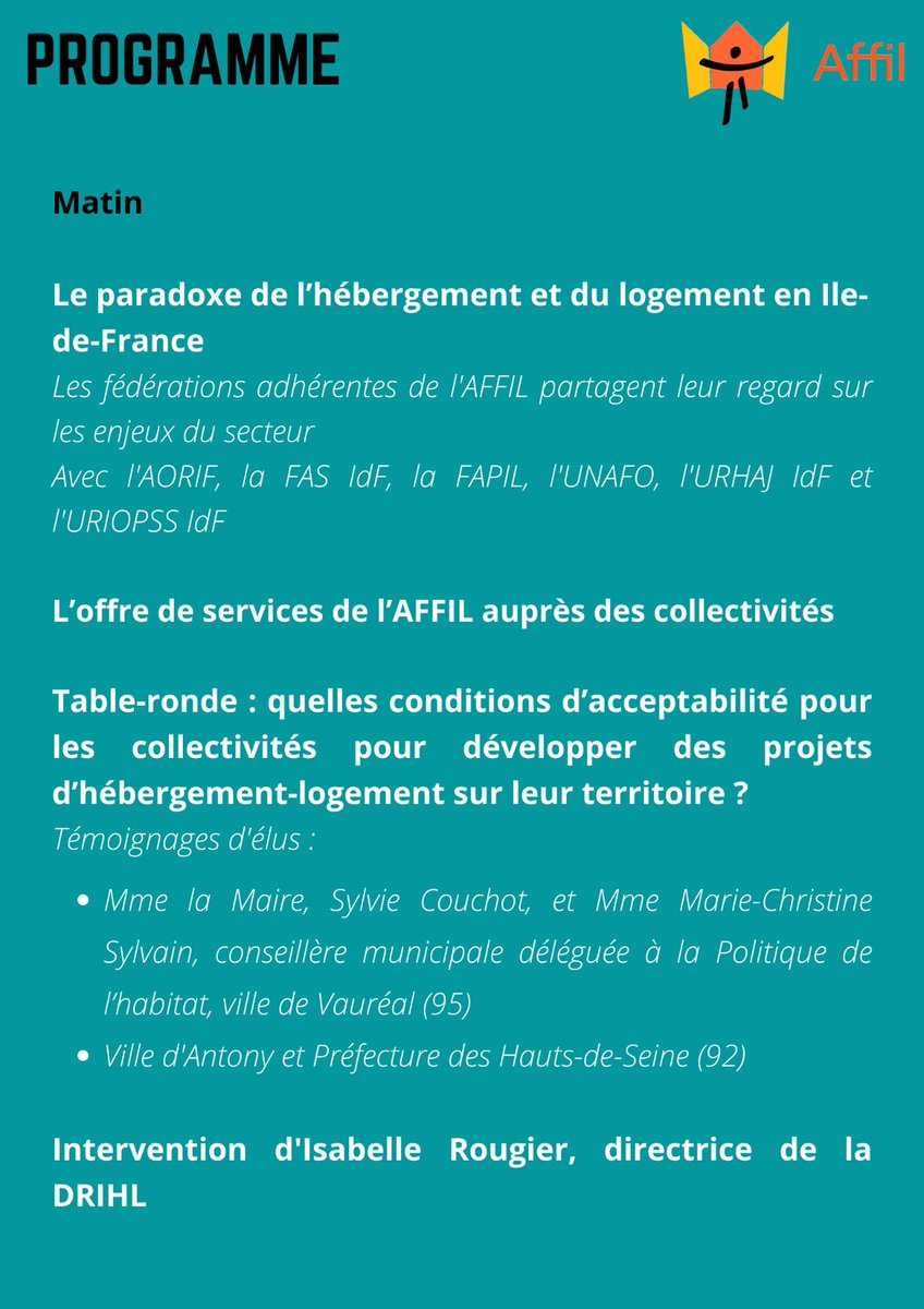 AFFIL_asso's tweet photo. 1/2 On vous donne rdv dans 12 jours pour notre journée régionale annuelle !
Autour de 3 tables-rondes, on y débattra :
 * des enjeux du secteur - parole aux fédérations 
 * pourquoi produire du logement abordable sur son territoire ? - parole à des élus franciliens et à l'Etat https://t.co/SXbeRLpf54