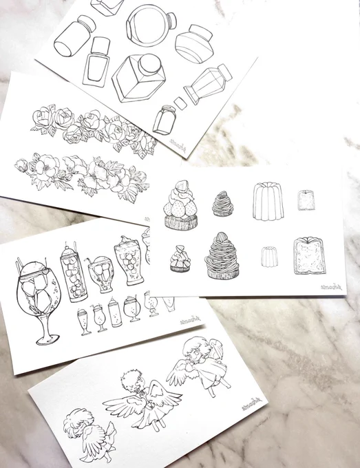 インクで塗り絵ノート | 甘茶喫茶店 https://t.co/gXeu5NfnNP #booth_pm

再販しました。また、塗り絵ノートの線画を元に制作したポストカードを販売開始しました。
お世話になっている焼き菓子店のメニューをイメージした焼き菓子(キャトルスール)柄です。 