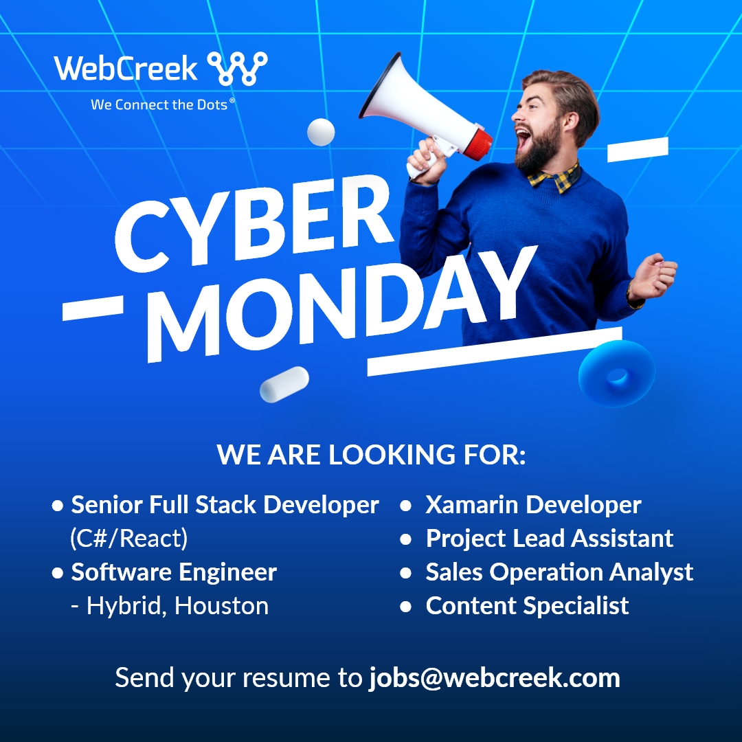 WebcreekTech's tweet photo. If you’re already looking for deals online for Cyber Monday, why not also find the job of your dreams? We’re looking for tech experts like you to join our ever-growing team 🙌 Visit our website today!
https://t.co/hYbsP5WUJ8
#webcreek #webcreekers #techtalent #becomeawebcreeker https://t.co/XG0Tw5rkYo