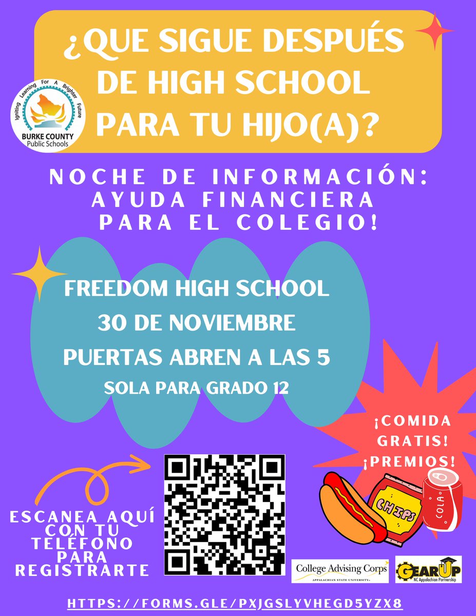 GEAR UP is sponsoring a Hispanic Family Financial Aid Night at Freedom High School on Wednesday, November 30th at 5:00 pm. We will have JuanEs Rameriz, CFNC representative, and BCPS Parent Educators present to assist families. 

Register for the event: forms.gle/KBkt6HEpp2KoQE…