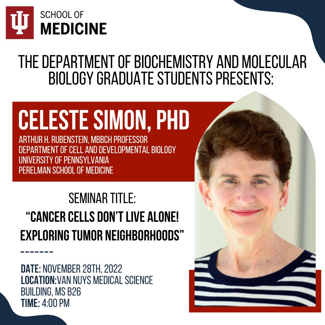 IUSM_Biochem's tweet photo. Join the IUSM Biochemistry Department as we welcome Dr. Celeste Simon, invited by our students to present at our weekly seminar today!  @IUMedSchool @IUCancerCenter https://t.co/8L9v8w5Ifc