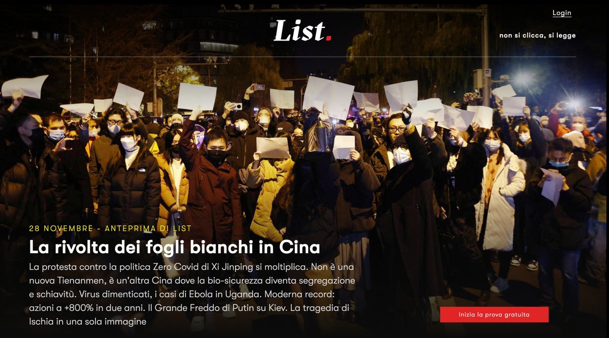 🇨🇳 La rivolta dei fogli bianchi in Cina. Zero Covid, protesta contro Xi Jinping. Virus dimenticati, i casi di Ebola in Uganda. Moderna record: azioni a +800% in due anni. Il Grande Freddo di Putin su Kiev. 

Leggi #List newslist.it