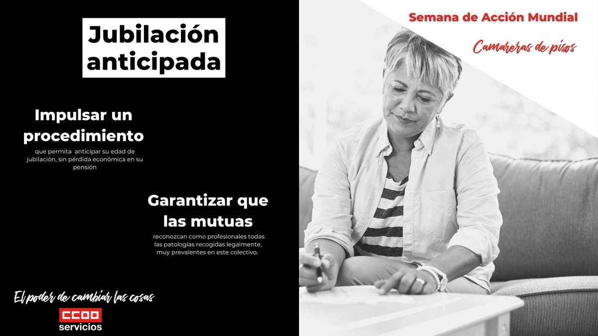 serviciosccoo's tweet photo. 𝗦𝗲𝗺𝗮𝗻𝗮 𝗱𝗲 𝗔𝗰𝗰𝗶ó𝗻 𝗠𝘂𝗻𝗱𝗶𝗮𝗹 𝗖𝗮𝗺𝗮𝗿𝗲𝗿𝗮𝘀 𝗱𝗲 𝗣𝗶𝘀𝗼𝘀
#CamarerasDePiso | 𝗝𝗨𝗕𝗜𝗟𝗔𝗖𝗜Ó𝗡 𝗔𝗡𝗧𝗜𝗖𝗜𝗣𝗔𝗗𝗔 #makemyworkplacesafe 👇
✊ Anticipar edad de jubilación 

#ElPoderDeCambiarLasCosas
📝Ver INFORME propuesta @CCOO :
https://t.co/UXgtjvGcf9 https://t.co/QXgdSOe7Ms