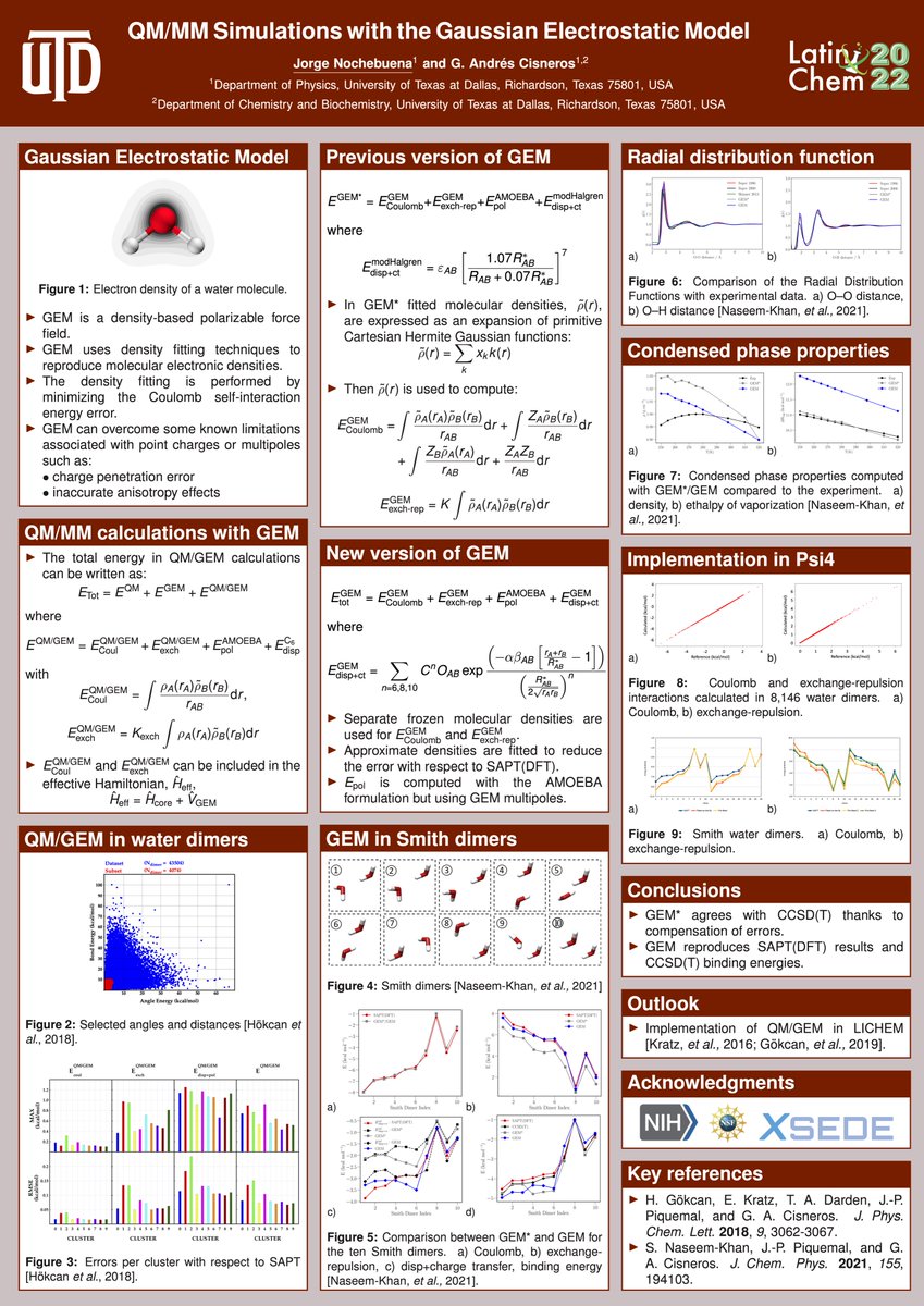 _jnochebuena's tweet photo. Hi @LatinXChem, this is my work "QM/MM Simulations with the Gaussian Electrostatic Model", #LatinXChem22 #LXChemComp #Comp001 #QMMM #PolarizableForceField @CisnerosRes https://t.co/bhydqlSaDU
