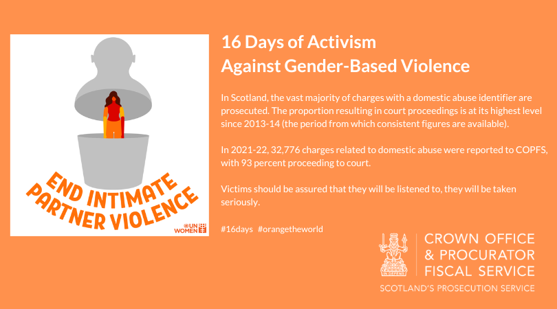 COPFS's tweet photo. At COPFS, there is a strong presumption in favour of prosecution in domestic abuse cases, where there is sufficient evidence to support a criminal allegation.  #16days #orangetheworld https://t.co/KJVjoPpDMh