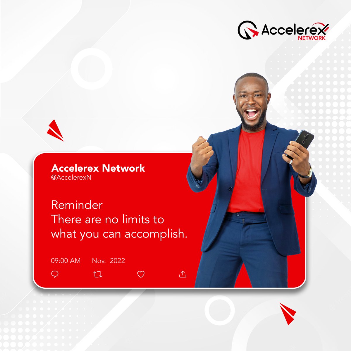 AccelerexN's tweet photo. Delete those limitations in your mind. The only limits are the ones you place on your own thinking.

Have a productive week!

#Accelerexnetwork
#RexAgent
#Agencybanking
#Financialinclusion
#MondayMotivation https://t.co/j1Rzp3T7Lu
