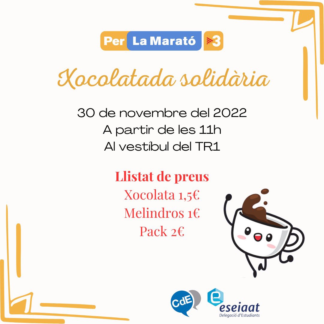 Aquest dimecres...Xocolatada Solidària! Tots els beneficis aniran destinats a La Marató de TV3, dedicada a la salut cardiovascular. Us hi esperem! @la_marato