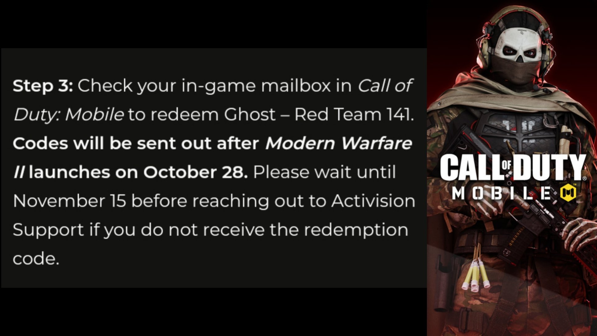 John on X: It's been 1 month since MWII launch & not a single player  received the Ghost - Red Team 141 code in Call of Duty: Mobile. Typical  Activision failing to