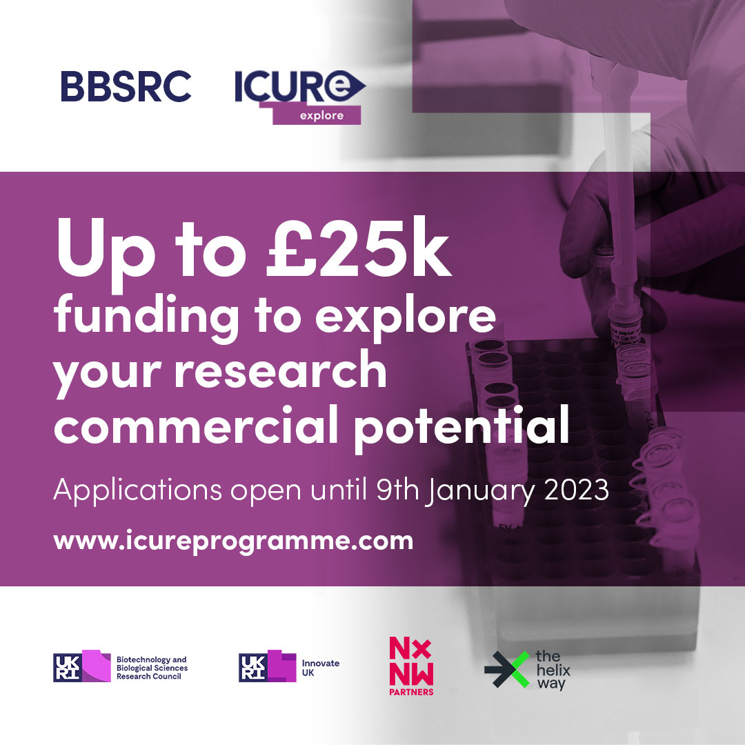 ICUReProgramme's tweet photo. Applications are now open for @BBSRC
 #ICURe Programme. Secure up to £25k funding on the leading online pre-accelerator, in collaboration with 
@innovateuk to help #biosciences researchers validate their business ideas. #InnovateUKFunded 
APPLY HERE https://t.co/4bYiA0Y4kT https://t.co/aFnr1ISKZh