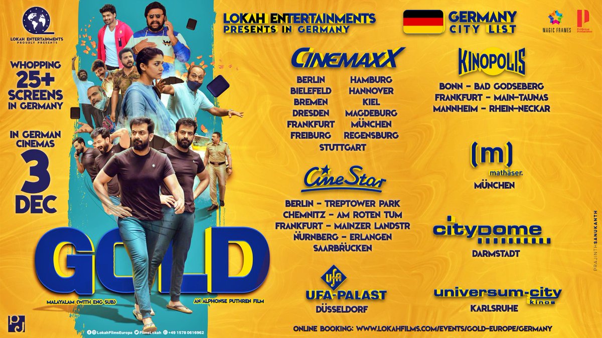 Southwoodoffl's tweet photo. Record breaking Release for #Gold in #Germany 💥#FirstTimeInGermany
- First Malayalam Movie in Germany with 25+ Centers. https://t.co/rp6Z6dL94T