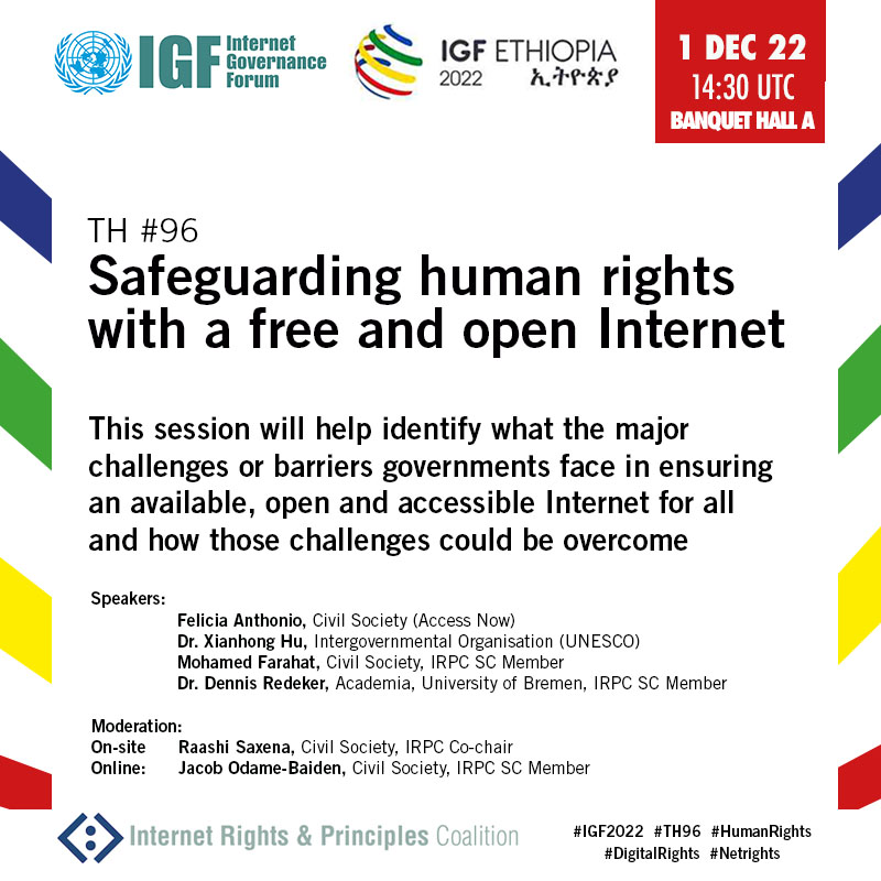 netrights's tweet photo. 👉"How can governments demonstrate commitment to ensuring an #open, free and accessible #Internet for all?" Join the discussion!
📆1/12, 14:30UTC, #IGF2022.
➡️Felicia Anthonio @accessnow Dr. Xianhong Hu @UNESCO #netrights Mohamed Farahat &amp; @dennisredeker
🔗https://t.co/kdXVCbBT5U https://t.co/kGwGll3n5x