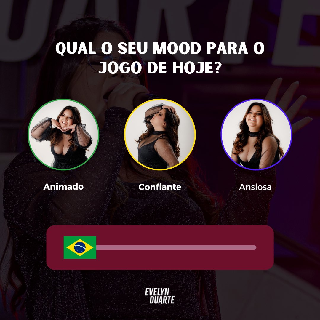 EvelynDcantora's tweet photo. Qual seu mood para o jogo de hoje? 👀
O meu nem preciso falar que é o ansiosa, né? 🫣🇧🇷
#evelynduarte #astromusic #astrocash https://t.co/SnKajFwaCN