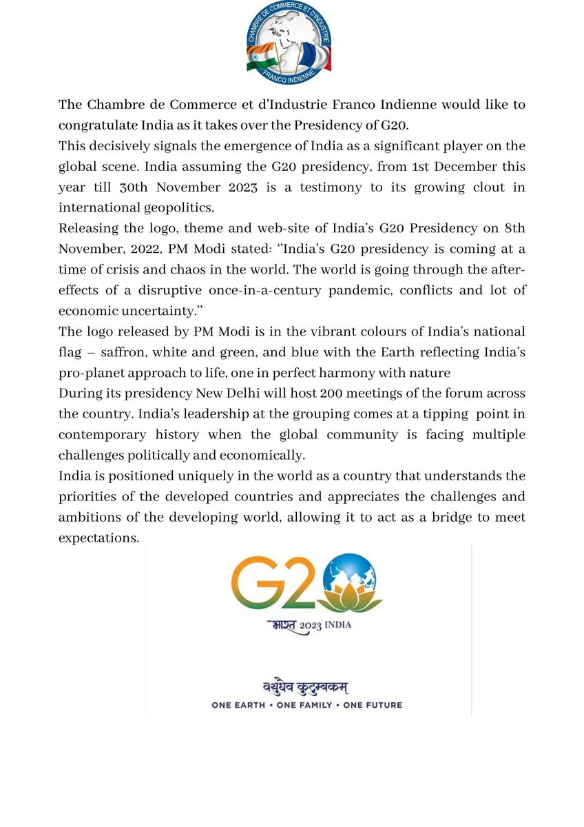 Chambre de Commerce et d'Industrie Franco Indienne's statement as India takes over the presidency of G20
#g20 #newIndia #ccifi #presidency #India