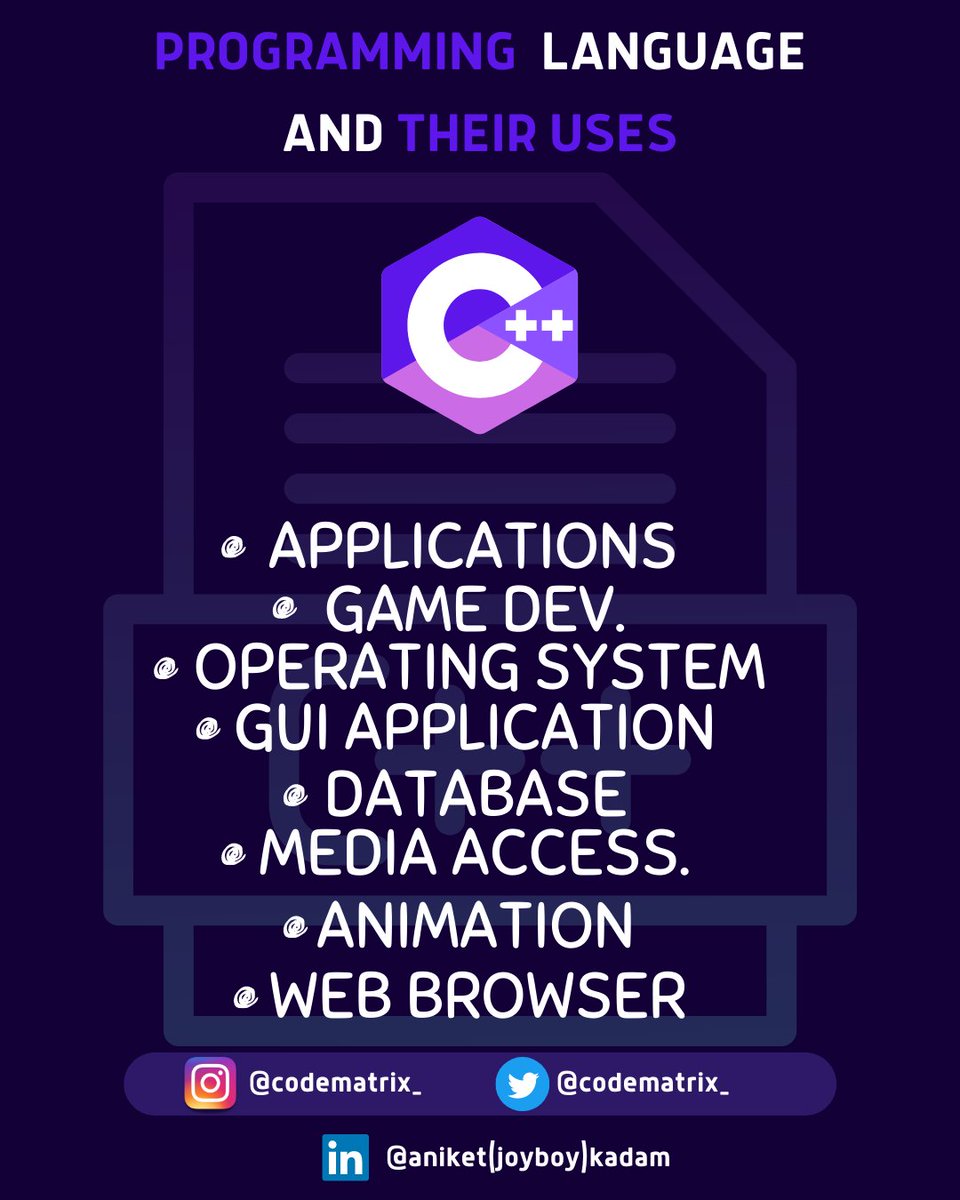 CODE_MATRIXX's tweet image. Programming language and their uses😁👌
.
.
.
.
.
.
.
#canva #canvadesign #C++ #C #javascript #html #css #js #developer #webdev #react #webdeveloper #frontend #backend #frontenddeveloper #code #programming #trending #instatrend #css3 #tutorial #web #webdesign #cssdesign #projects