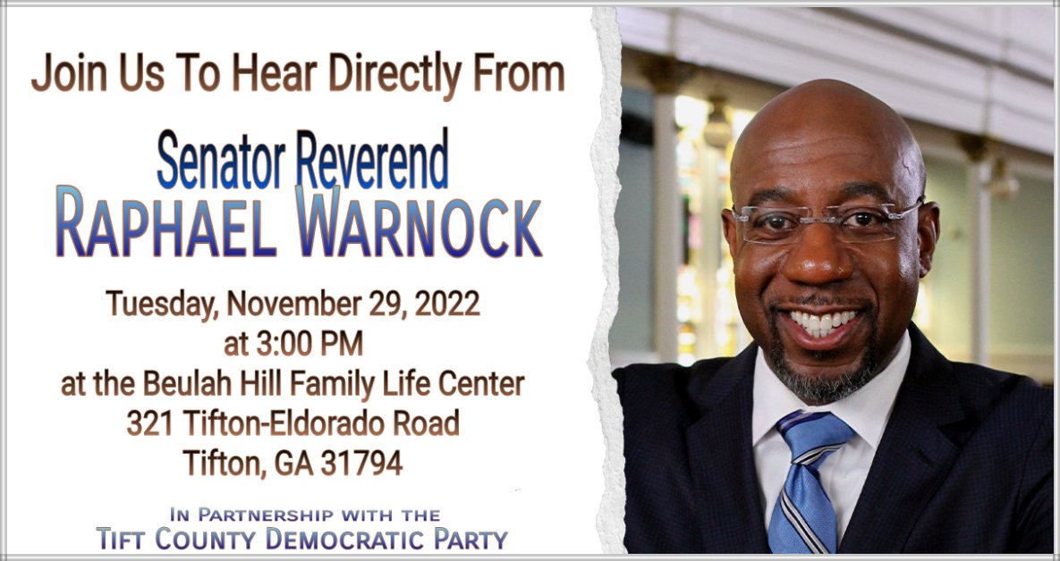 DemsTift's tweet photo. Come on out tomorrow to hear from @SenatorWarnock! And don't forget - early voting is open at the Elections Office all week, so if you missed it today, stop by tomorrow on your way! https://t.co/13L5yuNu9G