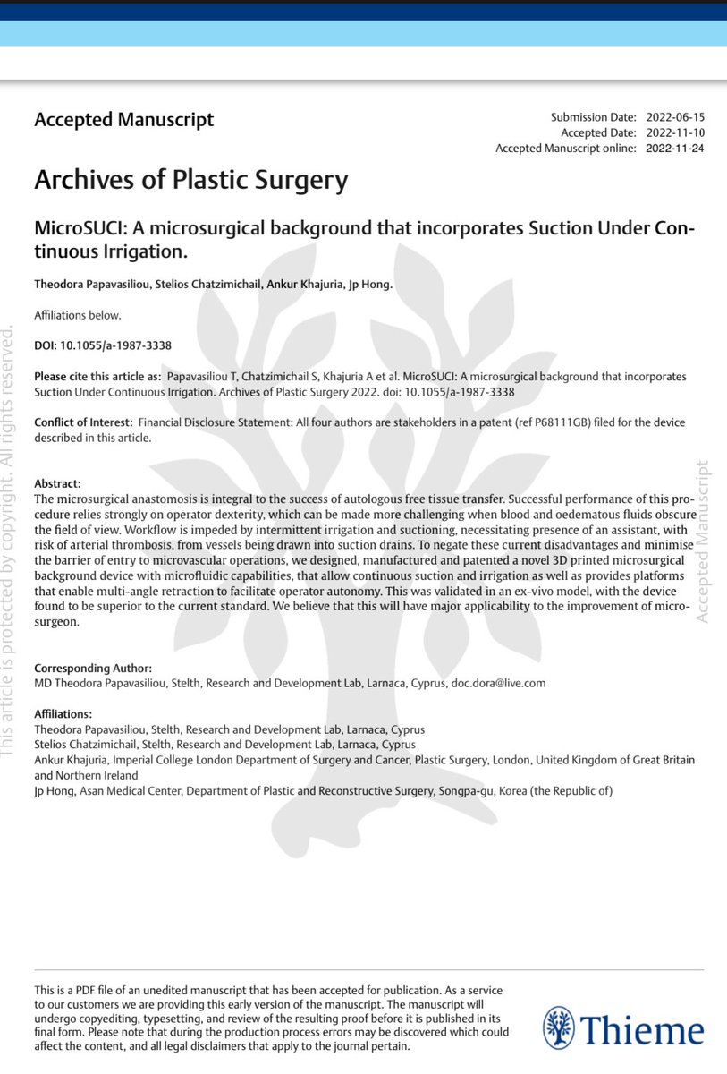 Dr Theodora Papavasiliou (@doctheodora) on Twitter photo Very excited to share our latest article with Prof JP Hong published in <a href="/ArchivesPS/">Archives of Plastic Surgery</a> on our innovative microsurgical background device that incorporates suction under continuous irrigation!
Full article here: thieme-connect.de/products/ejour… Very excited to share our latest article with Prof JP Hong published in <a href="/ArchivesPS/">Archives of Plastic Surgery</a> on our innovative microsurgical background device that incorporates suction under continuous irrigation!
Full article here: thieme-connect.de/products/ejour…
