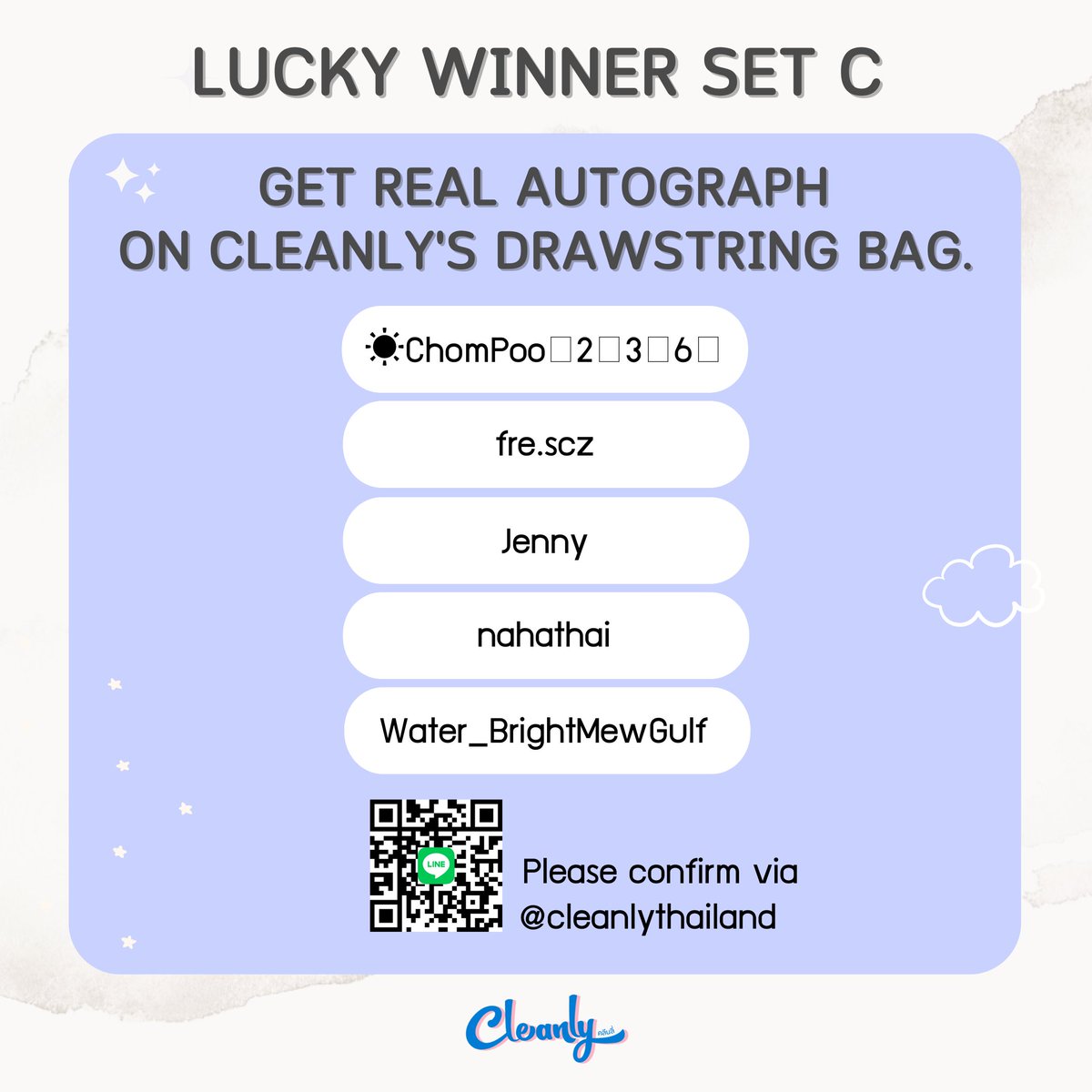 cleanly_th's tweet photo. ประกาศรายชื่อผู้โชคดีที่ได้รับถุงผ้าหูรูดพร้อมลายเซ็นพี่มิวเซ็ท B,C ยินดีด้วยนะคะ ขอบคุณที่ร่วมสนุกกับทางแบรนด์ค่า 
#CleanlyxMewSuppasit #MewSuppasit #Mewlions https://t.co/m5ukvoZzgW
