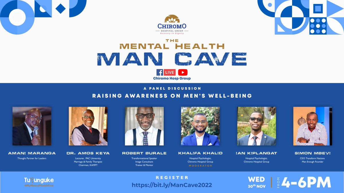 We are happy to announce:

The Mental Health Mancave #TufungukeWanaume Panel Discussion with <a href="/burale1/">Robert Burale</a> , <a href="/amanimaranga/">Amani Maranga</a> , <a href="/smbevi/">Simon Mbevi</a> ,Dr. Amos Keya, <a href="/Thesocialart1/">Khalifa Khalid</a> &amp; <a href="/iankiplangat4/">ian kiplangat</a> happening this Wednesday from 4PM under the theme: 

'Raising Awareness on Men's Well-being.

#Tufunguke