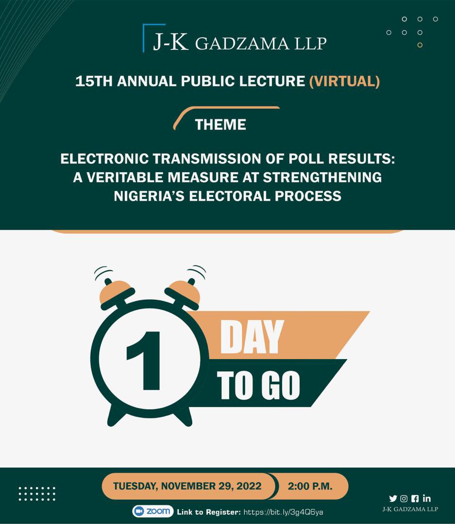 Our 15th Annual Public Lecture will take place in 1 day. 

Kindly click this link to register: bit.ly/3g4Q6ya

#Lecture #Election #Legal #Electionpetition #INEC