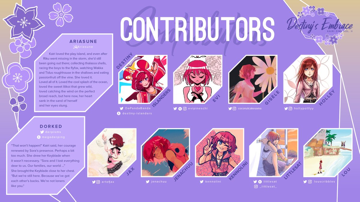 kairizine's tweet photo. 🌺 Meet the contributors to the Kairi Fanzine Volume II, Destiny's Embrace! 🌺

Find the links to our 32 page artists + 9 merch artists, 2 fic illustrators, and 8 writers below ⬇️

And mark your calendars for March 28th, 2023 when we begin pre-orders! https://t.co/qGs3WEnO5g