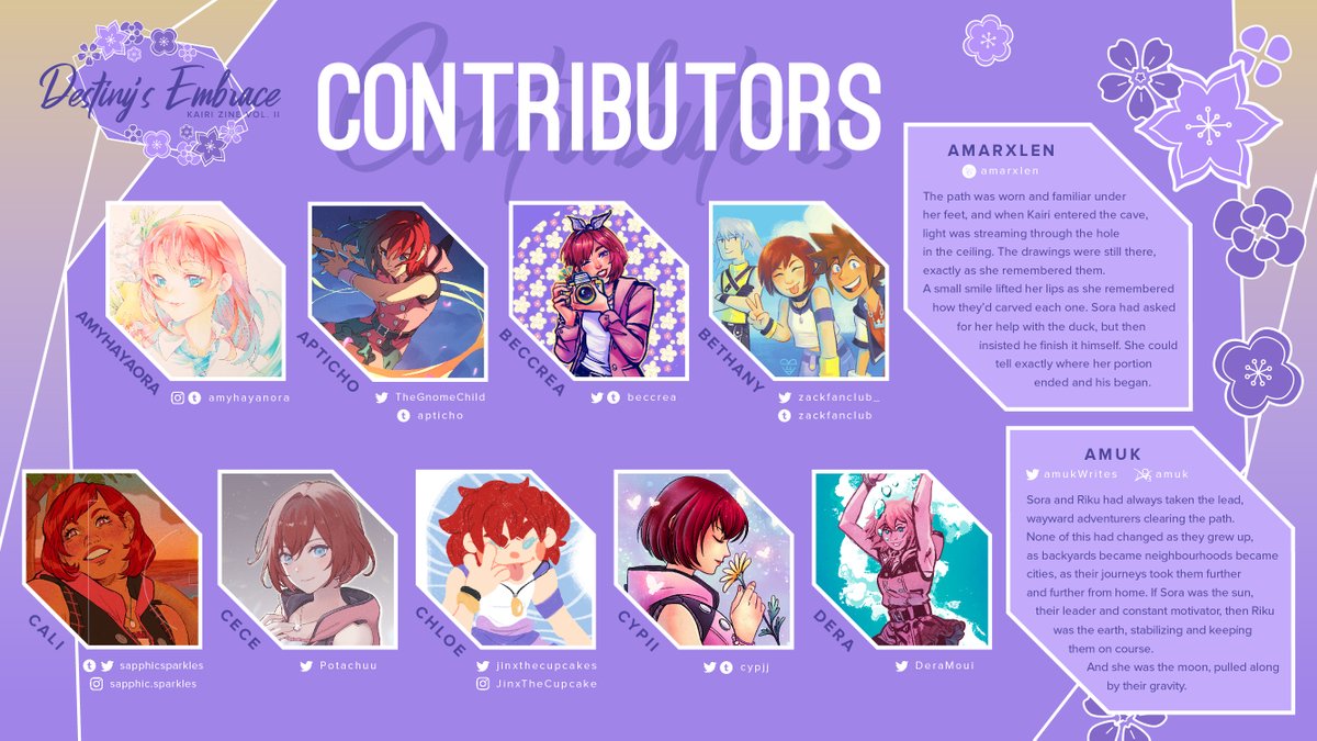 kairizine's tweet photo. 🌺 Meet the contributors to the Kairi Fanzine Volume II, Destiny's Embrace! 🌺

Find the links to our 32 page artists + 9 merch artists, 2 fic illustrators, and 8 writers below ⬇️

And mark your calendars for March 28th, 2023 when we begin pre-orders! https://t.co/qGs3WEnO5g