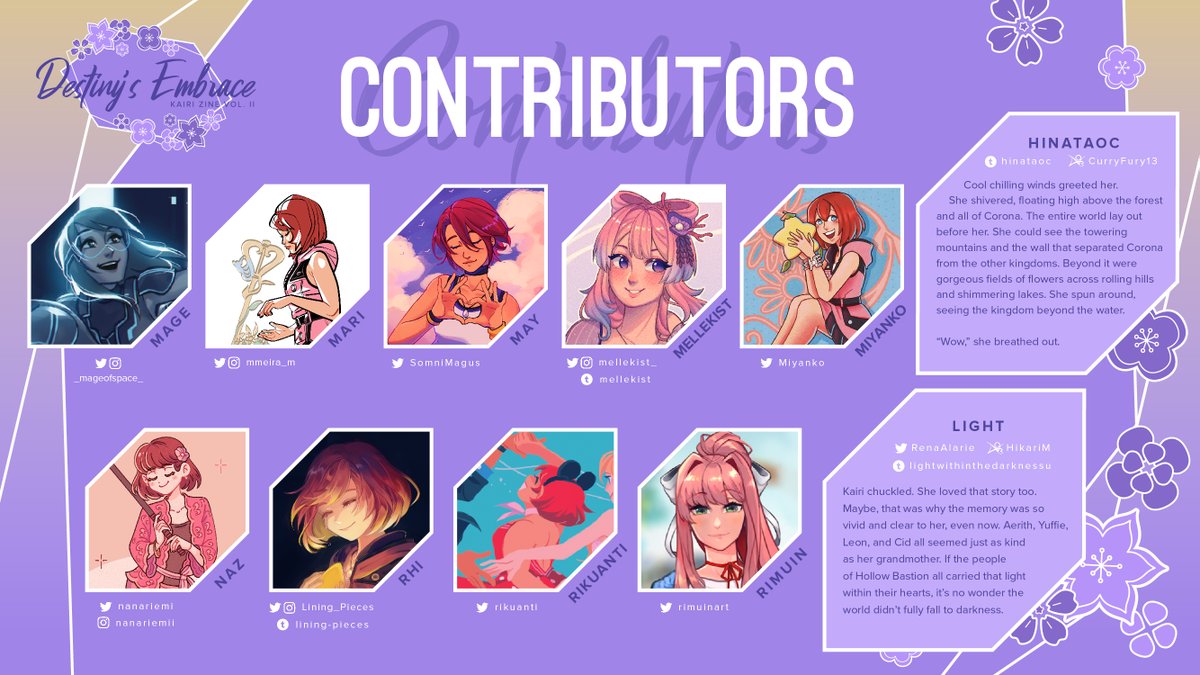 kairizine's tweet photo. 🌺 Meet the contributors to the Kairi Fanzine Volume II, Destiny's Embrace! 🌺

Find the links to our 32 page artists + 9 merch artists, 2 fic illustrators, and 8 writers below ⬇️

And mark your calendars for March 28th, 2023 when we begin pre-orders! https://t.co/qGs3WEnO5g