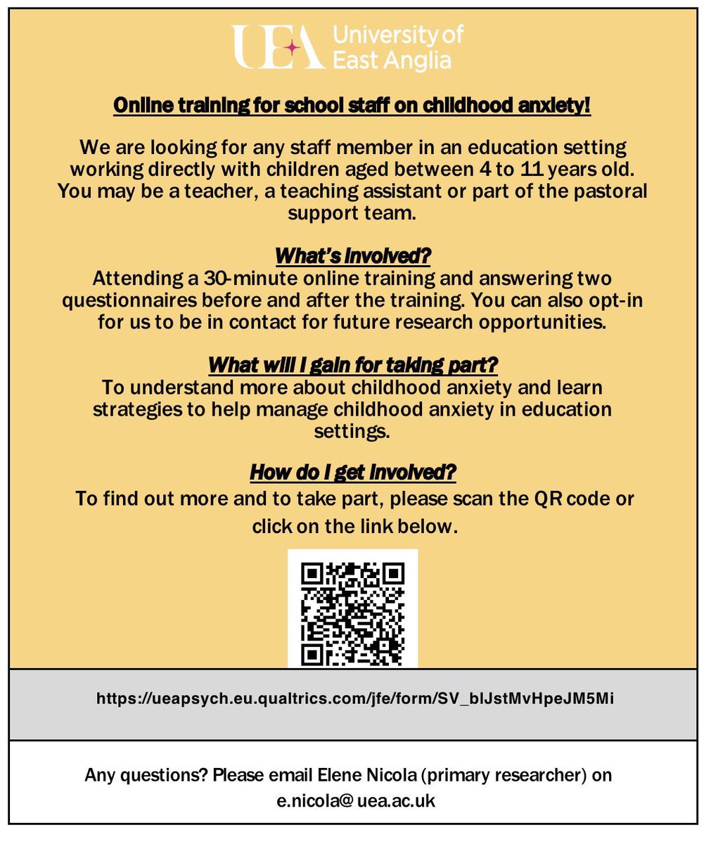 elenenico's tweet photo. Only 2 weeks left to participate! We are recruiting all school staff working directly with children aged 4 to 11 years old including teaching and non-teaching staff, to take part in a newly developed training focusing on childhood anxiety. Interested? 
https://t.co/cdh2RPK0NR https://t.co/6ObABm4B4D