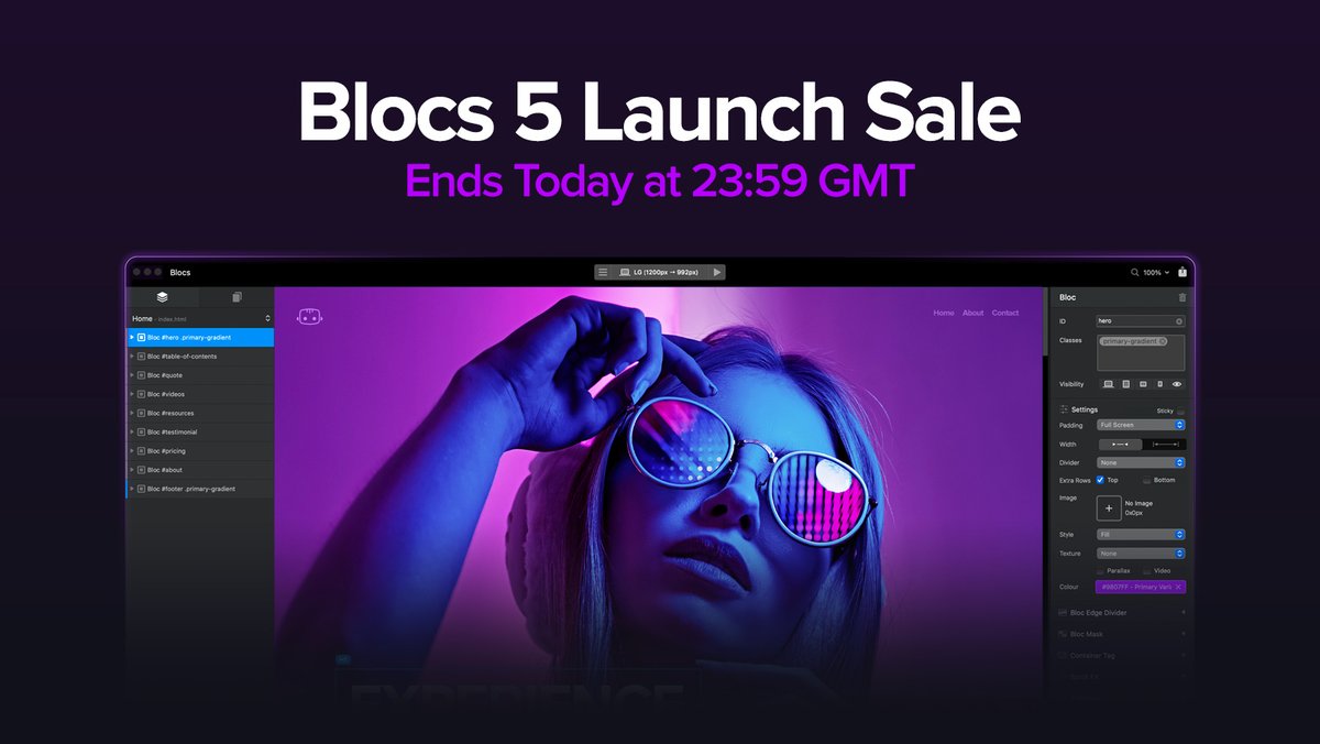 The Blocs launch sale ends today! 😱

This is your last chance to pick up the brand new version of the Mighty #Mac #NoCode #WebsiteBuilder <a href="/blocsapp/">Blocsapp.com</a>

#CyberMonday #Webdesign #WebDev

blocsapp.com
