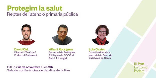 LolaCastro19's tweet photo. Defensem el dret a la protecció de  la Salut‼️

🏥És prioritari garantir una atenció primària de qualitat i un sistema públic de Salut universal, equitatiu, solidari.

En parlarem aquesta tarda amb el @Ciddavid, l'@ARodriguezMihi i la @LolaCastro19 

A les 19h, Jardins de la Pau. https://t.co/1NY6dTmN8p