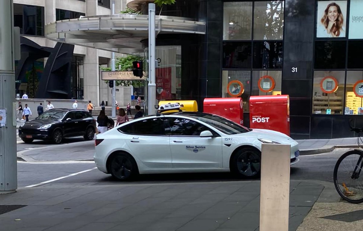 techAU's tweet photo. From Angela on Facebook.. a Tesla Model 3 was spotted in service as a Taxi in Sydney. #ElectricVehicles #SilverService https://t.co/J229oz08aX
