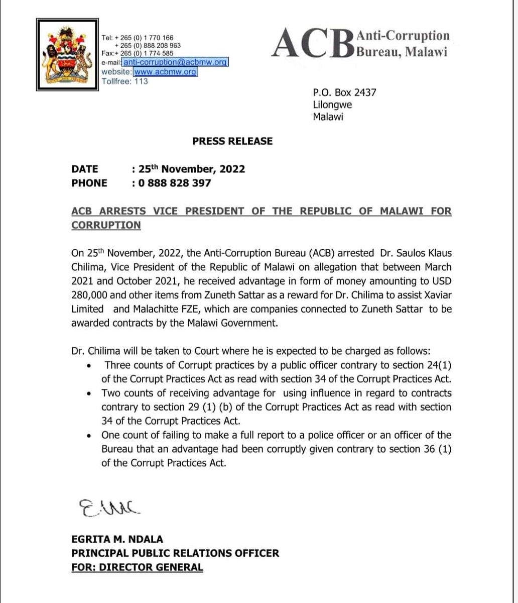 Vice President of Malawi arrested for corruption. He received a bribe of $280,000 (about 1bn Ug shs) from a certain company to assist it in getting a Government contract.
I long for such actions in Uganda against corrupt public officials!