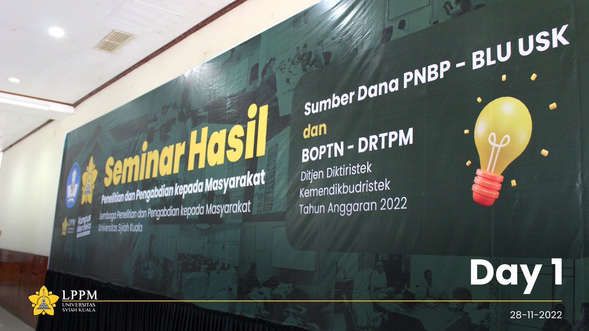 lppm_usk's tweet photo. Lembaga Penelitian dan Pengabdian kepada Masyarakat Universitas Syiah Kuala (LPPM USK) telah melaksanakan Seminar Hasil Sumber Dana PNBP -BLU USK dan BOPTN - DRPTM pada tanggal 28 November 2022 (Hari Pertama).
#semhas #usk #lppm #lppmusk #2022
@univ_syiahkuala https://t.co/k9519B2BID