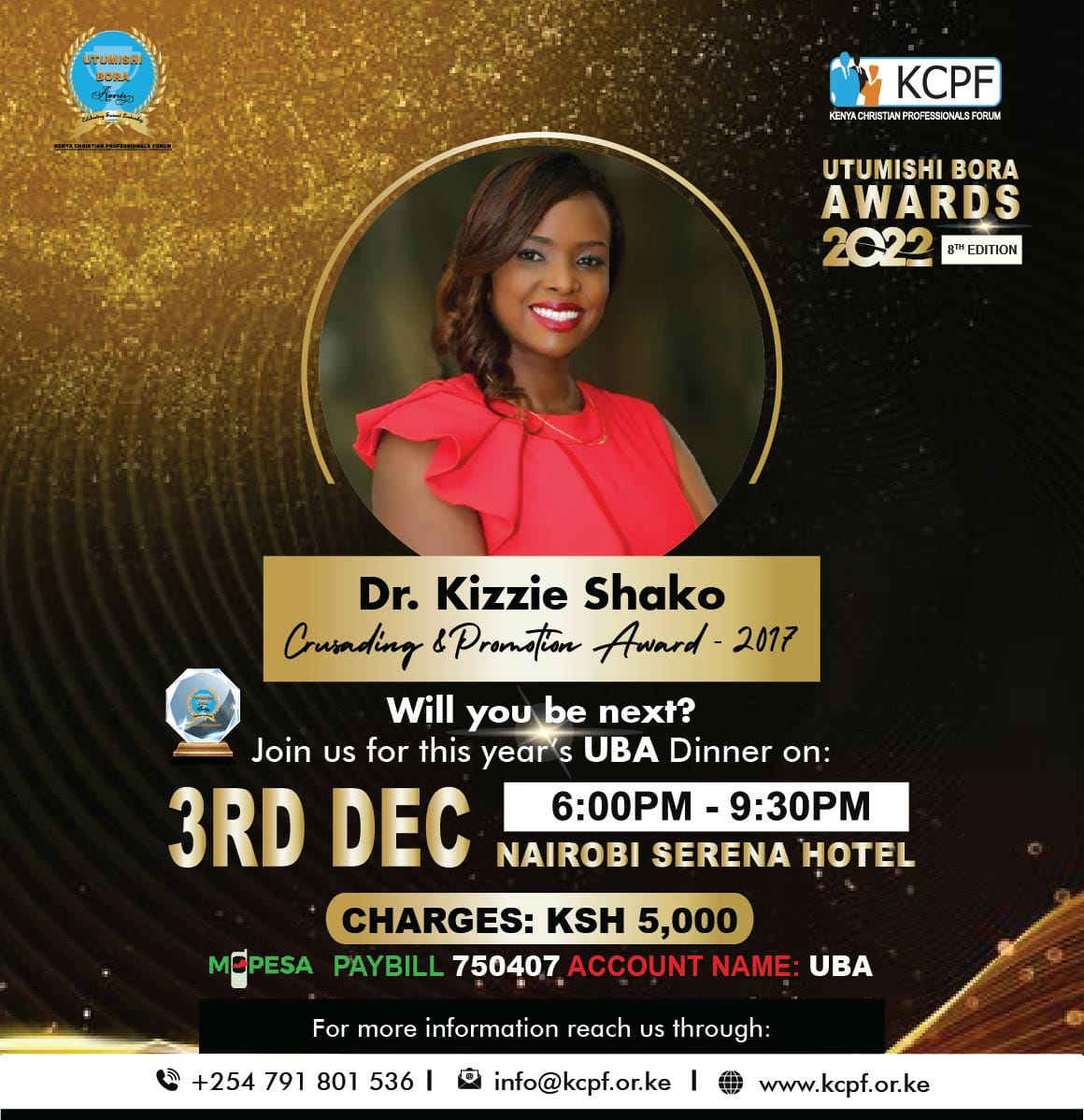 KenyaCPF's tweet photo. Meet the Crusading and Promotion Awardee (2017), Dr. Kizzie Shako

Who will be the next?

Join us on Saturday, 3rd December 2022 at the Nairobi Serena Hotel to find out! https://t.co/58f9iNGTbs