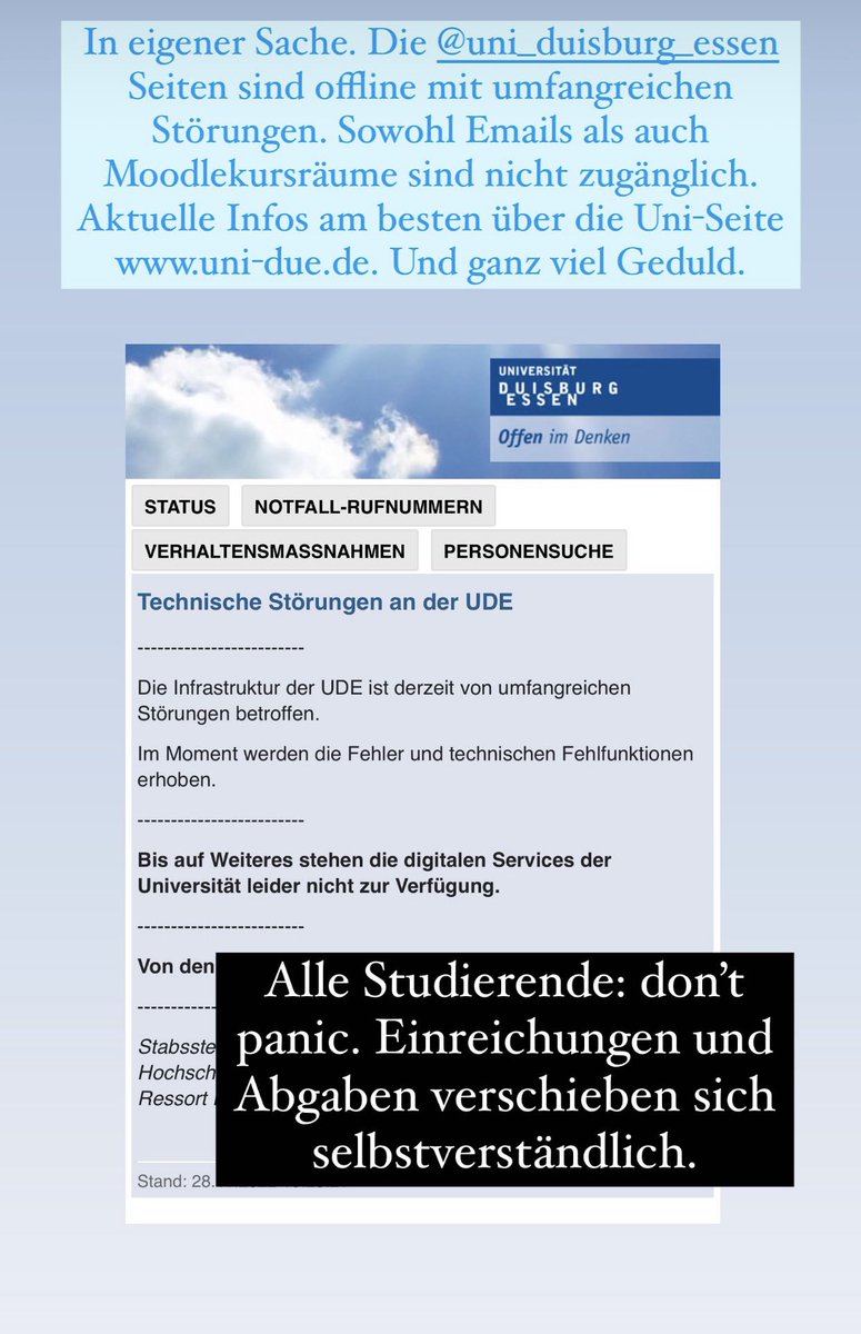 Die Universität Duisburg-Essen ist aktuell offline wegen “umfangreicher Störungen”. <a href="/unidue/">Uni Duisburg-Essen @unidue.bsky.social</a> Gut, dass ich auf Social Media aktiv bin, denn so sind zumindest auch Studierende informiert, warum Moodle nicht funktioniert + Vorlesungsunterlagen nicht heruntergeladen werden können.