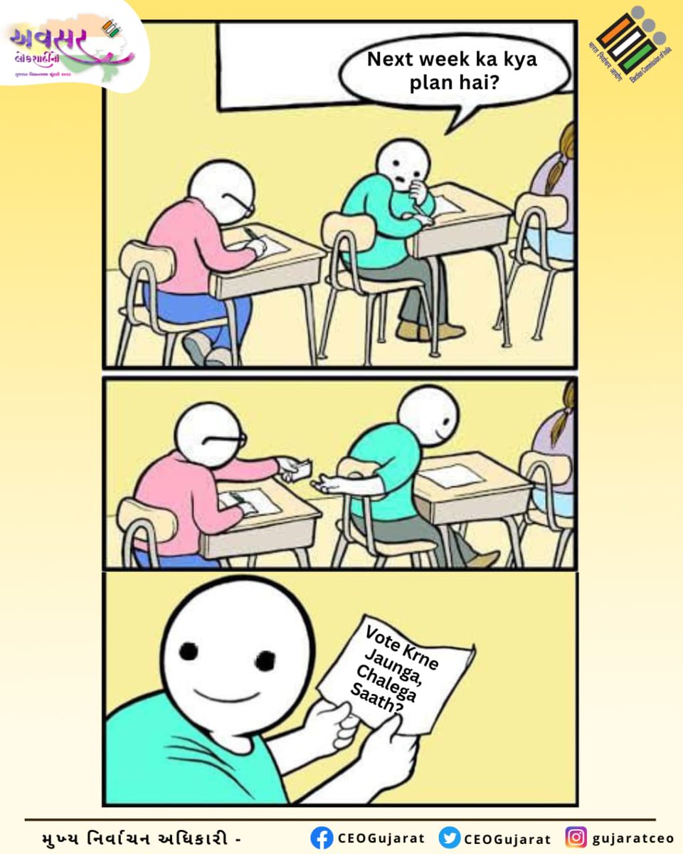 Next Week Ka Aapka Kya Plan Hai ?

Date of Polling -
1st &amp; 5th December 
Time - 8:00AM to 5:00PM

<a href="/ECISVEEP/">Election Commission of India</a> <a href="/SpokespersonECI/">Spokesperson ECI</a> 
#GujaratElection #GujaratElections2022 #meme #AssemblyElection #GoVote #gujaratassemblypolls #AVSAR #EveryVoteCounts