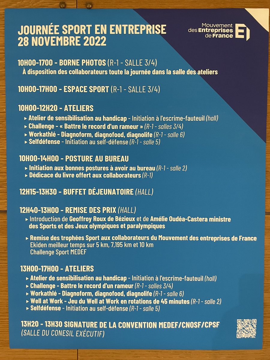 [Journée sport #MEDEF 🏃🏿‍♀️🏃🏻‍♂️🧘🏻‍♀️🌈] Événement🔝mêlant #forme #QVT #Sport #RSE au siège du <a href="/medef/">Mouvement des Entreprises de France</a> pour les 200 collaborateurs. Bravo pour cette exemplarité ! 👍😊La @ffa présente avec <a href="/diagnoform/">DIAGNOFORM®️</a> <a href="/diagnolife/">DIAGNOLIFE®️</a> #workathlé #running #marche <a href="/GeoffroyRDB/">Geoffroy Roux de Bezieux</a> <a href="/dcarlach/">Dominique Carlac'h</a> @PresidentFFA