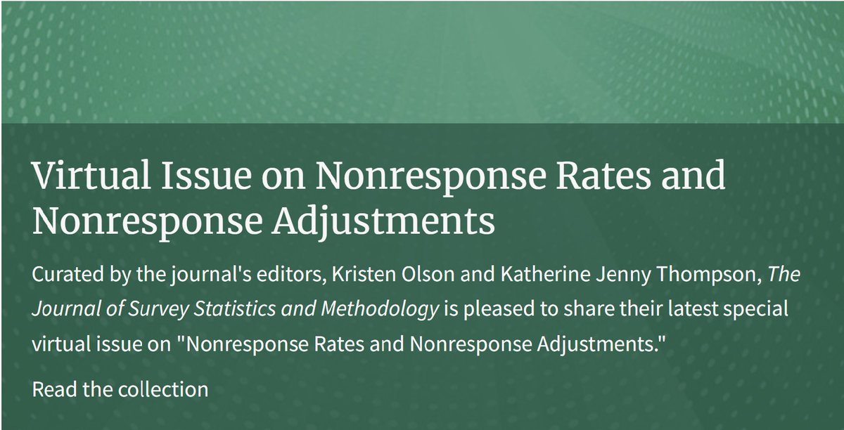 iass_isi's tweet photo. 𝗥𝗲𝗮𝗱𝗶𝗻𝗴 𝗼𝗳 𝘁𝗵𝗲 𝗺𝗼𝗻𝘁𝗵: special virtual issue on "Nonresponse Rates and Nonresponse Adjustments" (J. Surv. Stat. Methodol.) proposes a set of papers on Nonresponse and Remedies
https://t.co/3fOrLdIdVK
@IntStat 
#nonresponse #Survey https://t.co/uK2ejZwaHM