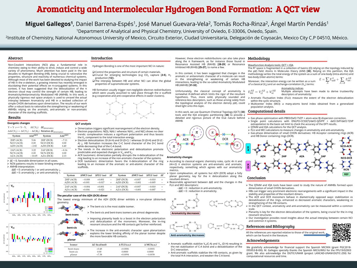 mggalleg0s's tweet photo. Hi @LatinXChem, this is my work “Aromaticity and Intermolecular Hydrogen Bond Formation: A QCT view.” Unraveling the interplay between Hydrogen Bonding and Aromaticity! #LatinXChem22 #LXChemComp #Comp131 #QuantumChemistry #Aromaticity #QCT #HydrogenBonding. https://t.co/nPUdDKzYR8
