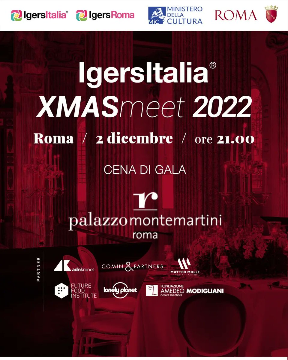 #PremioIgersItalia2022: vi aspettiamo venerdì 2 dicembre per la Cerimonia di Premiazione della X Edizione del "Premio Nazionale IgersItalia" in Aula Giulio Cesare al Campidoglio.
Prenota il tuo biglietto 👇🏻 IgersXMASmeet2022.eventbrite.it
#IgersitaliaXMasMeet2022 #Igersitalia #igersroma