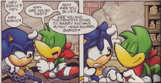 In Archie's Sonic the Hedgehog #188, Bean asks Sonic about marrying Sally and having mutant babies with her.

Their future children are actually quite normal, they are both named Sonia and Manik Acorn respectively.

Yes, it's a Sonic Underground reference. 