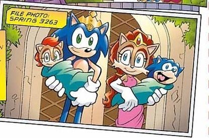 In Archie's Sonic the Hedgehog #188, Bean asks Sonic about marrying Sally and having mutant babies with her.

Their future children are actually quite normal, they are both named Sonia and Manik Acorn respectively.

Yes, it's a Sonic Underground reference. 