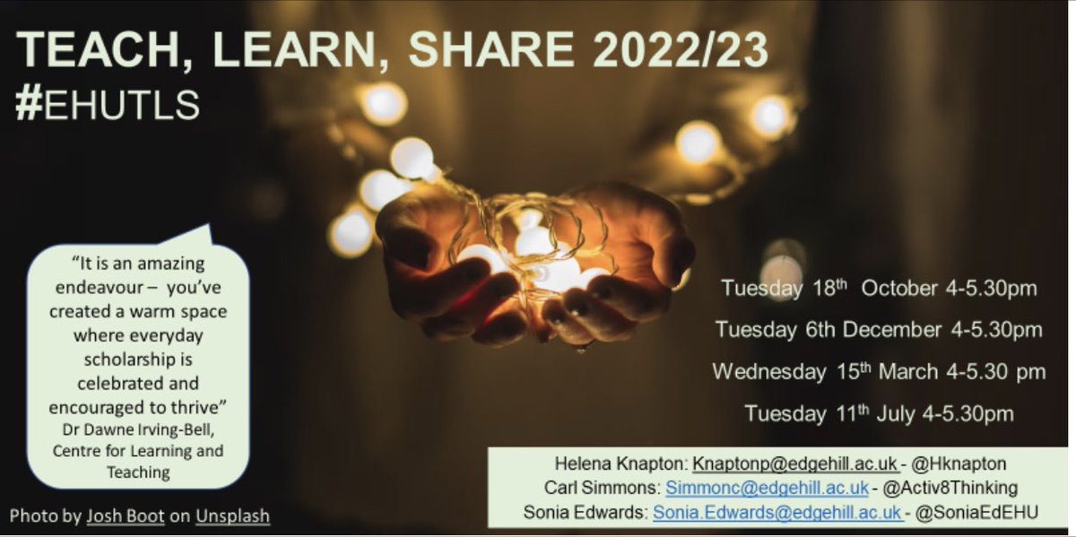 SoniaEdEHU's tweet photo. Date for the diary @EHU_FOE Teach, Learn, Share #EHUTLS Tuesday 6th December 4pm! Please contact me or @HKnapton @Activ8Thinking for the link :) https://t.co/9QdAIMlFxt