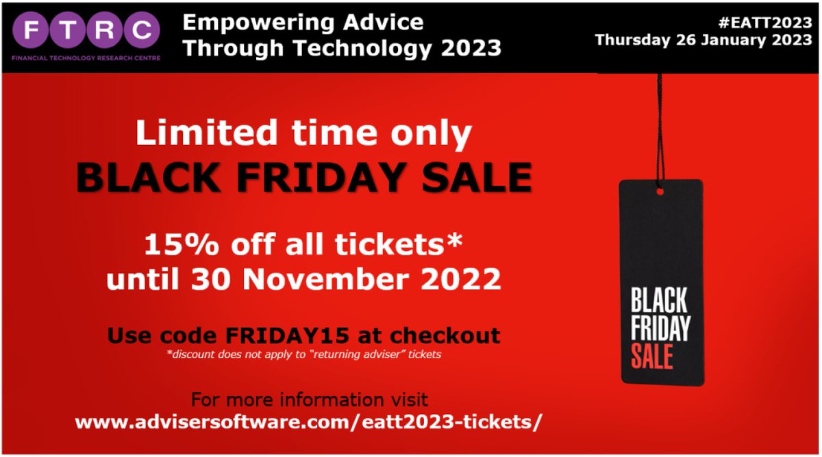 #BLACKFRIDAY OFFER – Save 15% on tickets for #EATT2023 for a limited time only!

Use code BLACK15 at the checkout to save 15% on standard price adviser tickets or standard price provider, software vendor &amp; industry consultant tickets.

More info go to advisersoftware.com/eatt/