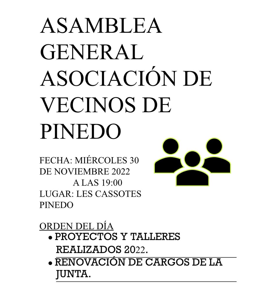 Bon dia veïnes i veïns. Convoquem assemblea general de la nostra associació este dimecres a les 19 h a Les Casotes. Vos esperem!!!
#Pinedo #València #participació #participacion