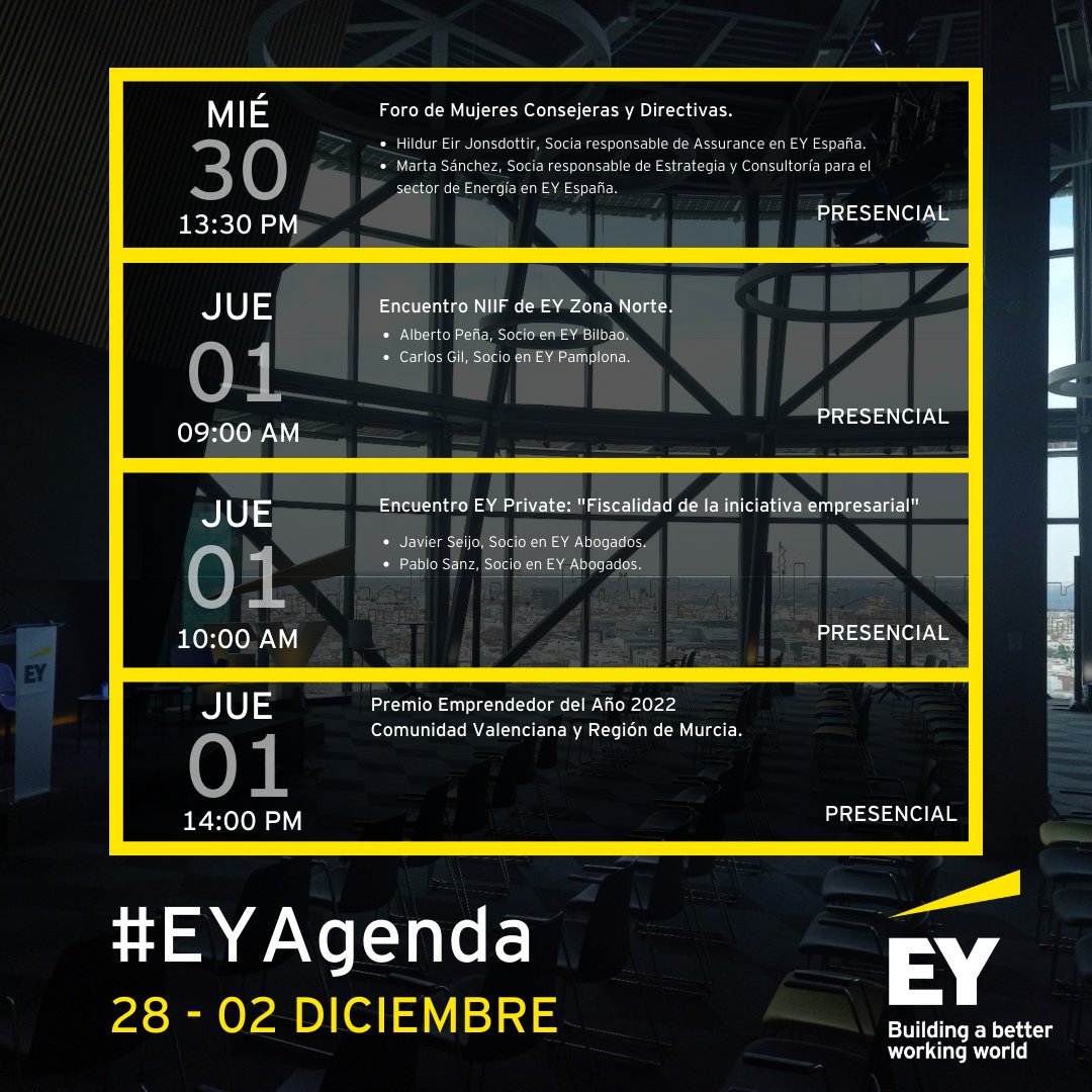 EY_Spain's tweet photo. 📅Lunes 28 Noviembre – Viernes 02 Diciembre📅
 
Esta es la #AgendaEY de esta semana. Elige el #evento que más te interese y apúntate para seguirlo #endirecto🖋 
 
🔗Regístrate ⬇
 
#EY #EventoEY #Webinar https://t.co/MXNuCLvgfG