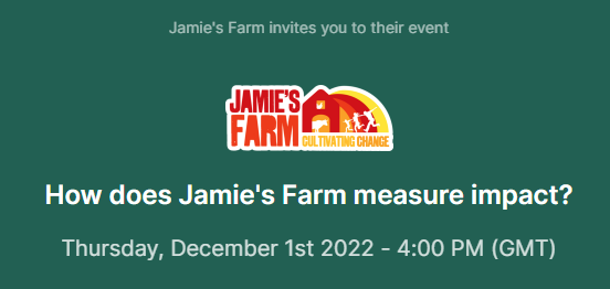 JamiesFarm's tweet photo. 🧐 Join us on 1 Dec for a webinar exploring impact measurement at Jamie's Farm. We'll talk through our impact journey, our successes, the challenges we've faced, and what the future holds. 
📝 It's free - register to attend and to receive a recording: https://t.co/teKpheRhwN https://t.co/q3PVBWBOje