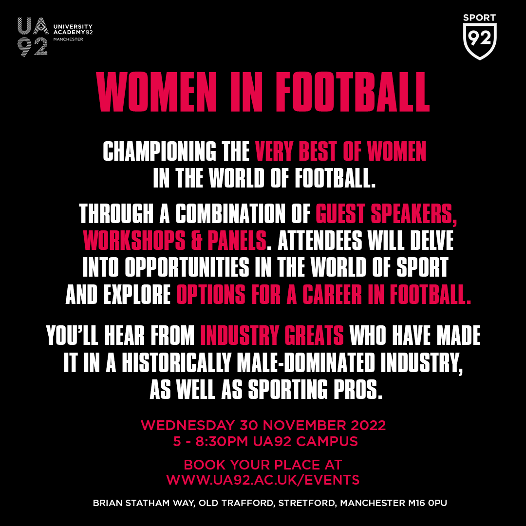 TraffordCouncil's tweet photo. Women in football event for 15-17 yr olds ⚽
30 November, 5pm to 8:30pm:
✔️Guest speakers and panel
✔️Manchester FA Representative
✔️Interactive tasks 
✔️Connecting young women with playing/working opportunities 
Find out more &amp; book https://t.co/3gH6MfAYUq https://t.co/VTeZMWu1Gm
