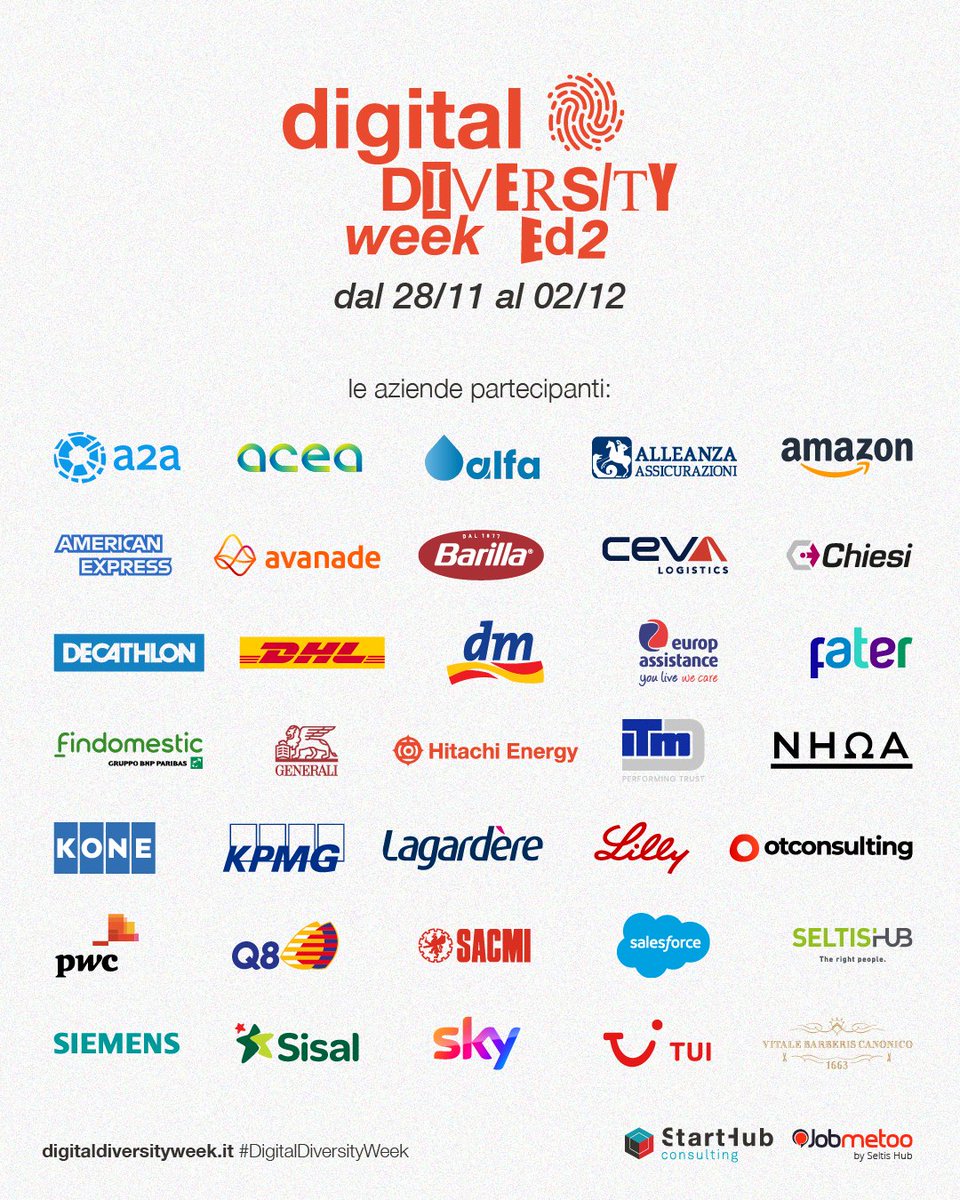 jobmetoo's tweet photo. Ci siamo! Inizia oggi la seconda edizione della #DigitalDiversityWeek, l'evento promosso da @jobmetoo by @SeltisHub e @StartHubCons per abbattere le barriere con un click! https://t.co/uLk4zQzO1v
#digitaldiversityweek #Lavoro https://t.co/ZaNRLYbyiM