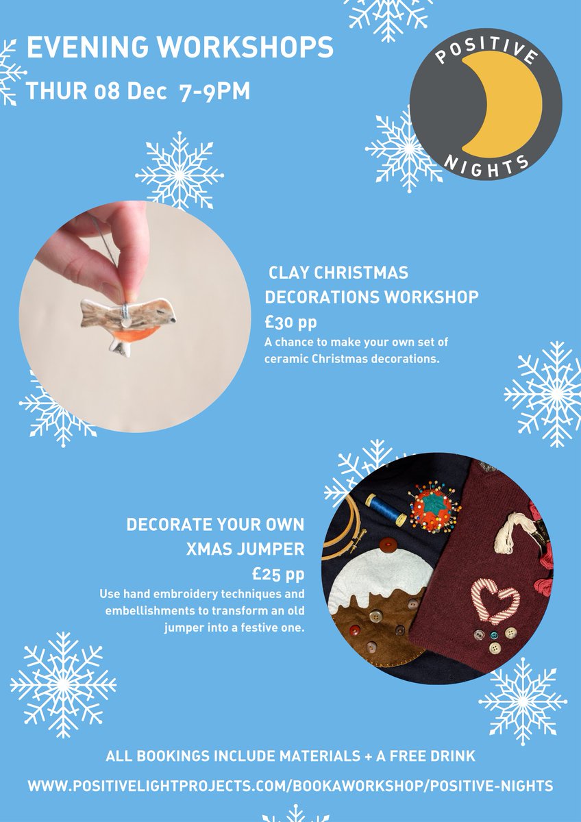 Positive Light Projects (@positivelightp) on Twitter photo 🎄Our next Positive Nights evening workshops are on Thursday 8th December!🎄
Come and make some Christmas gifts or get into the festive spirit! 🎁
Book here: positivelightprojects.com/bookaworkshop/…
#positivenights #artworkshop #inexeter #whatsonexeter #christmas #claydecorations #xmasgift 🎄Our next Positive Nights evening workshops are on Thursday 8th December!🎄
Come and make some Christmas gifts or get into the festive spirit! 🎁
Book here: positivelightprojects.com/bookaworkshop/…
#positivenights #artworkshop #inexeter #whatsonexeter #christmas #claydecorations #xmasgift