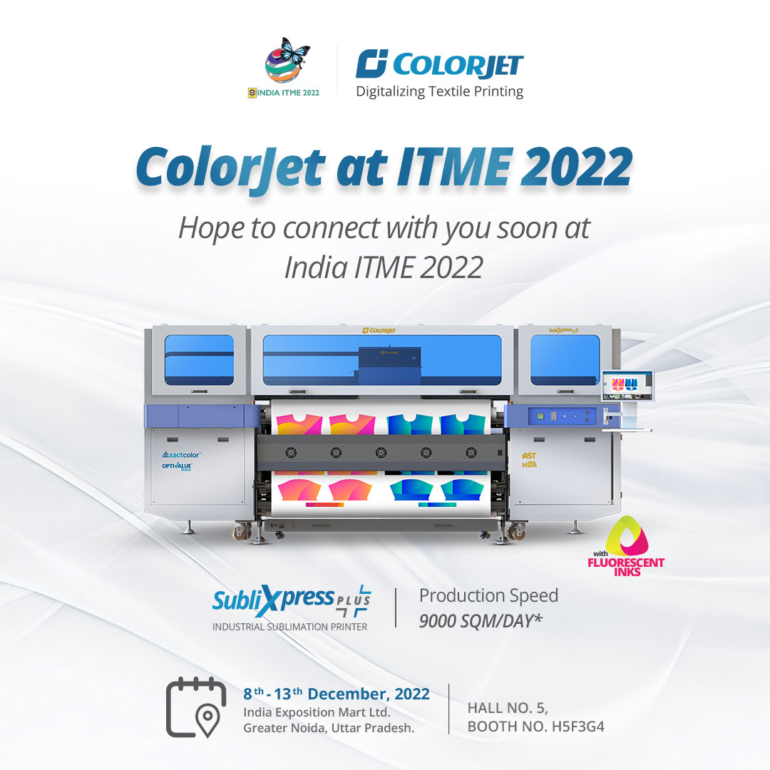 Colorjetgroup's tweet photo. Visit us to experience QUALITY PERFORMANCE with SUBLIXPRESS PLUS 8 Color machine with 𝗙𝗟𝗢𝗨𝗥𝗘𝗦𝗖𝗘𝗡𝗧 𝗶𝗻𝗸, at 𝗜𝗡𝗗𝗜𝗔 𝗜𝗧𝗠𝗘 𝟮𝟬𝟮𝟮. 

𝗕𝗼𝗼𝗸 𝘆𝗼𝘂𝗿 𝗰𝗼𝗻𝘀𝘂𝗹𝘁𝗮𝘁𝗶𝗼𝗻:- https://t.co/QDkquTF9gJ

@IndiaITME #textileindustry #textileprinter https://t.co/Pr1Osp5FjC